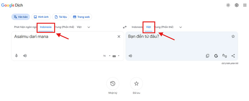 Dịch văn bản Indonesia trên Google dịch