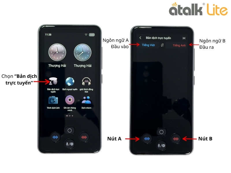 Các Bước Sử Dụng Tính Năng Phiên Dịch Trực Tuyến Của Máy Dịch Ngôn Ngữ ATalk Lite
